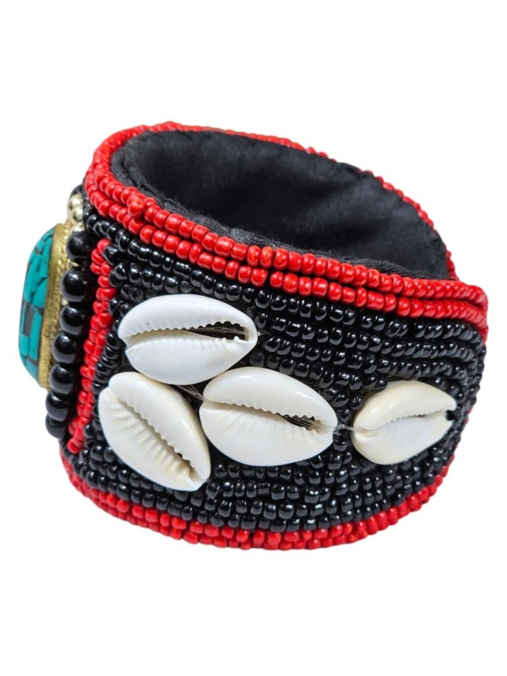 Handmade Beaded Cuff Bracelet Red & Black Seed Beads, Cowrie Shells, Turquoise - Picture 4 of 5